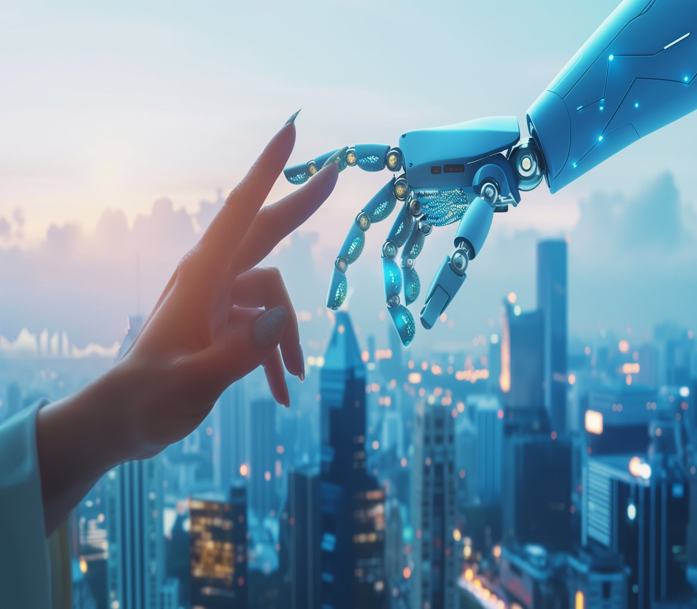 人とロボットが指を触れ合わせるイメージ画像