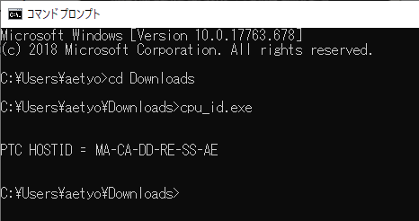 CPU_ID.exeによるPTC HOST ID (MACアドレス)