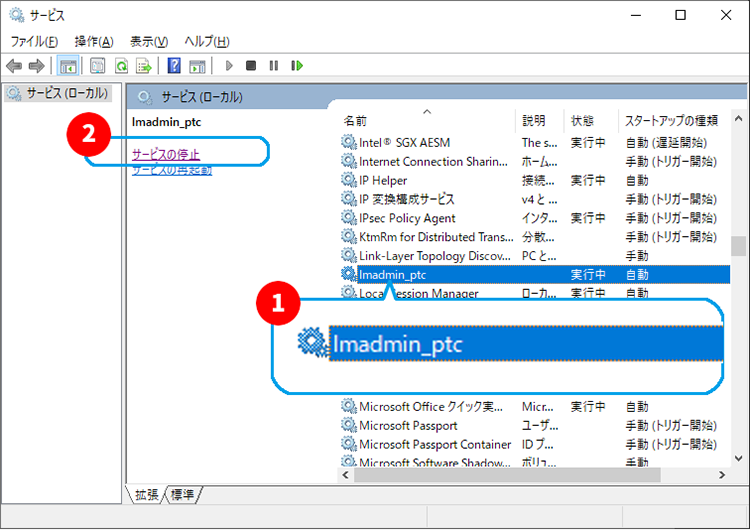 lmadmin_ptcというサービスが停止された状態