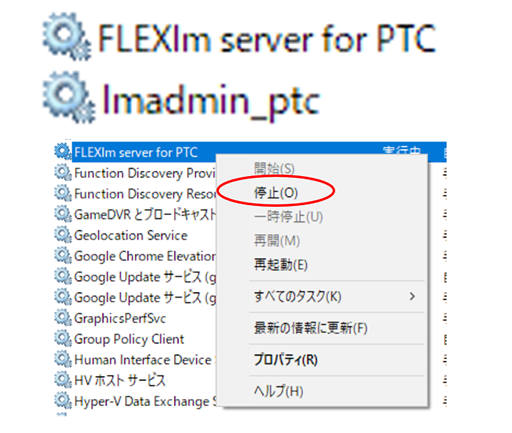 PTCライセンスサーバーのサービスを停止